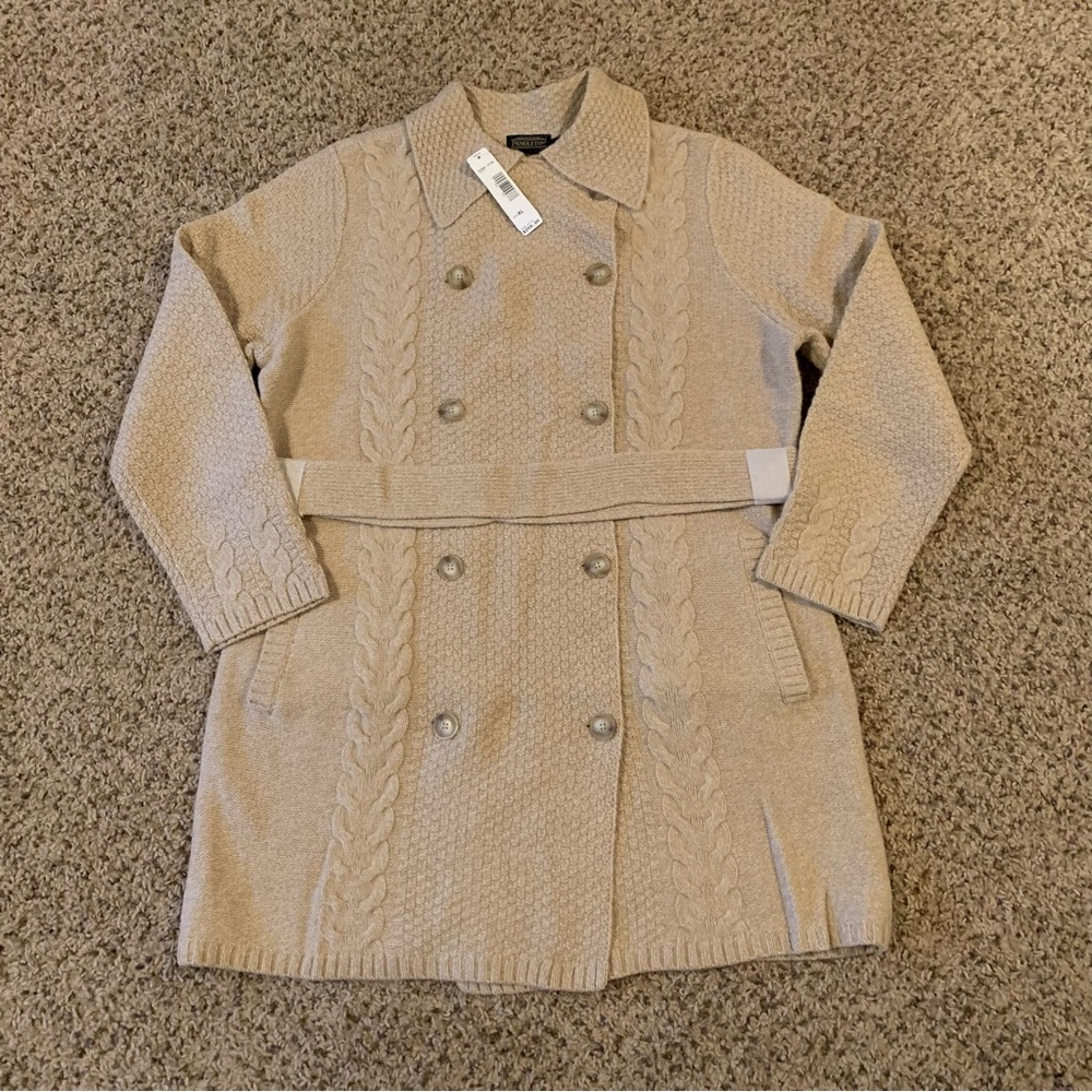 Pendleton Womens Sweater Tan Khaki XL Lambs Wool Double Breasted Cardigan Belted